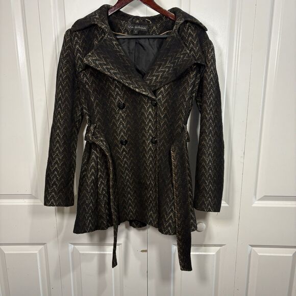 Via Spiga Trench Coat Women 4 Wool Chevron Metallic Boho Goth Dark Academia - Picture 1 of 12